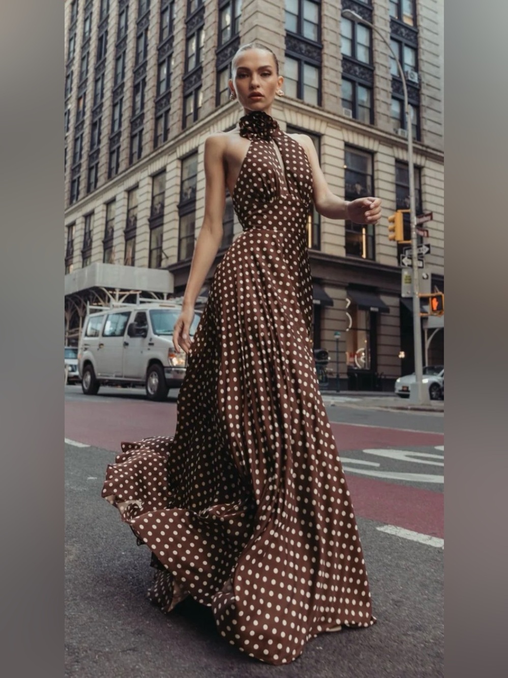 IEENA MAC DUGGAL Brown Polka Dot ALine Halter Gown Rosette Sz 0 2 NWT $498 50210